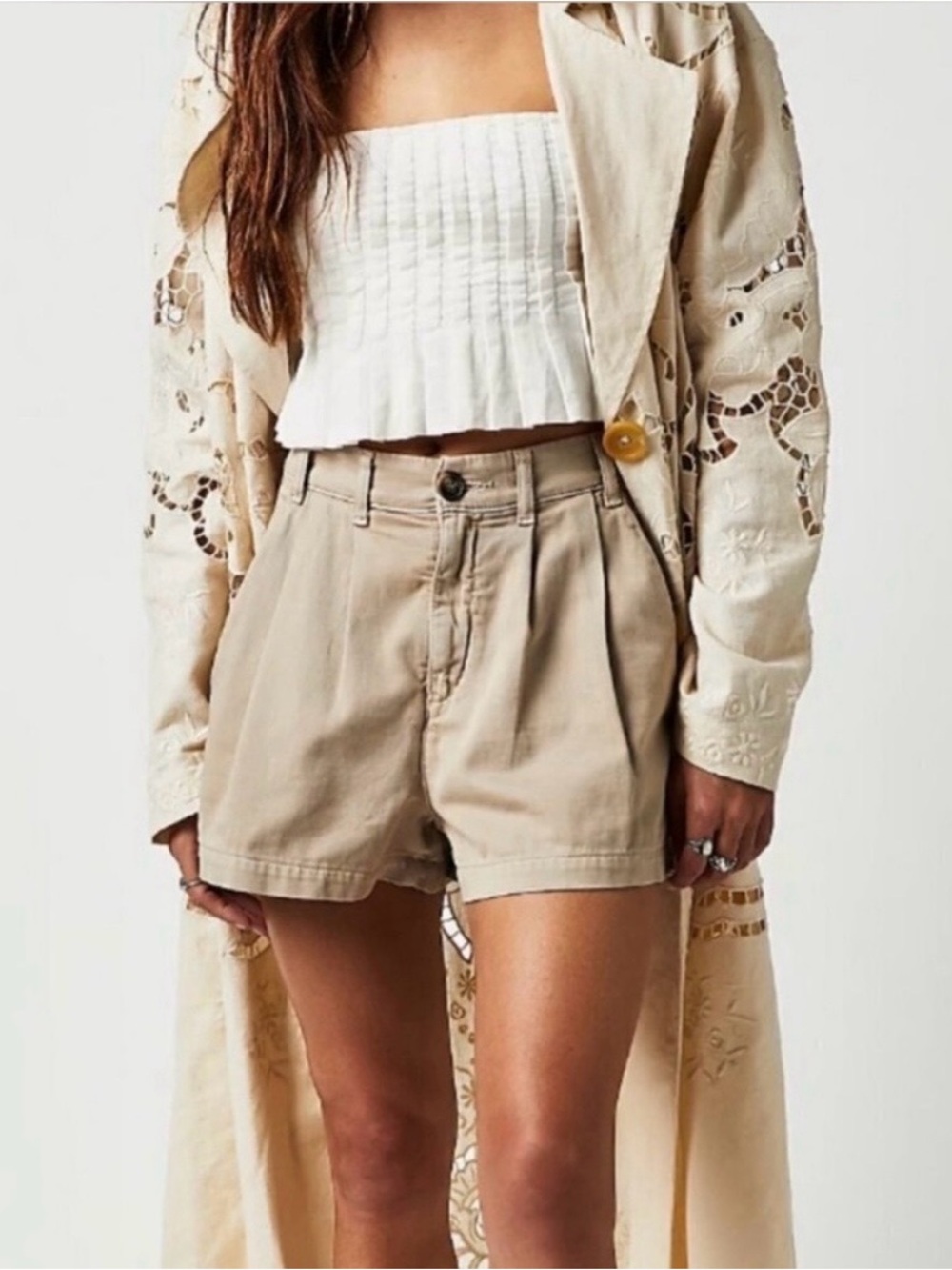 Free People Billie High-Rise Pleated Chino Shorts in Camel